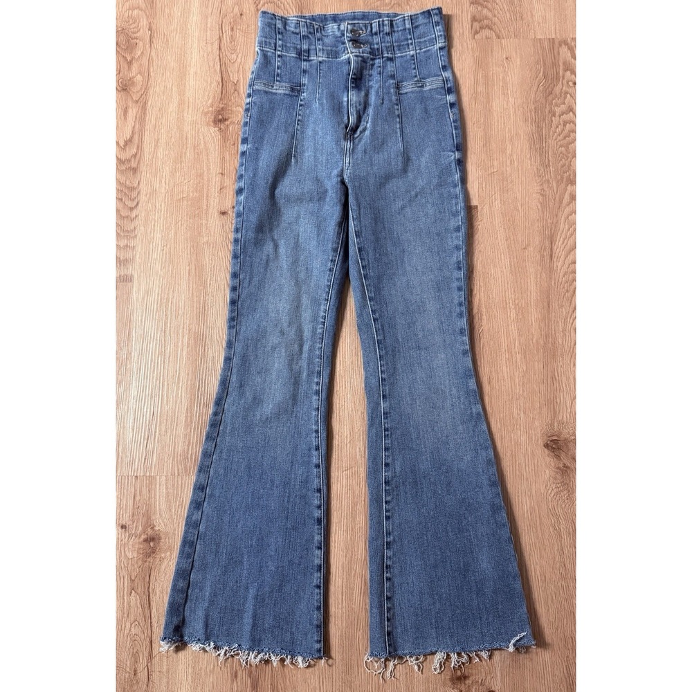 We the Free People Flare High Rise Jeans Size 27 Boho Hippie Med Blue Wash